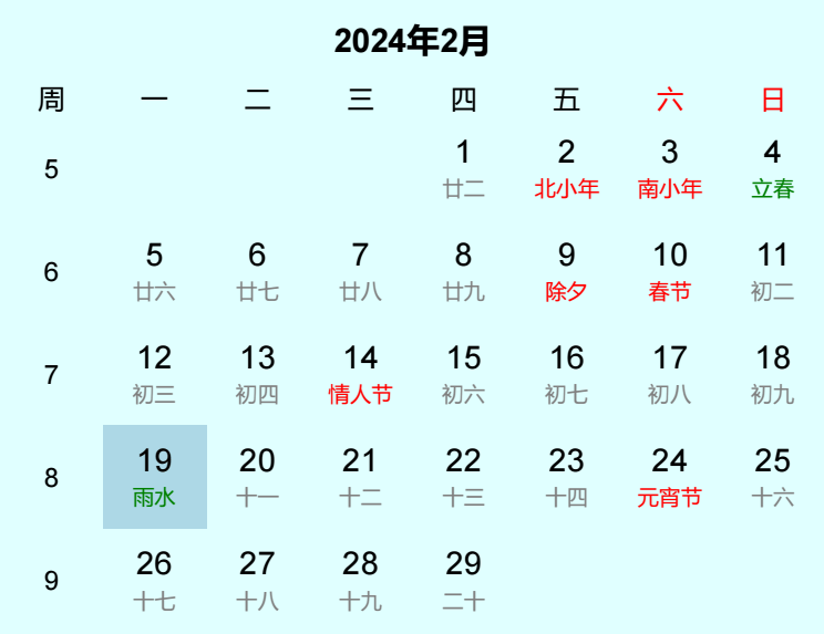 2024年雨水日历