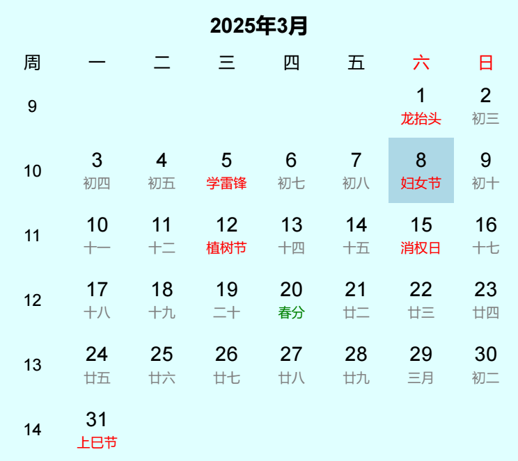 2025年妇女节日历