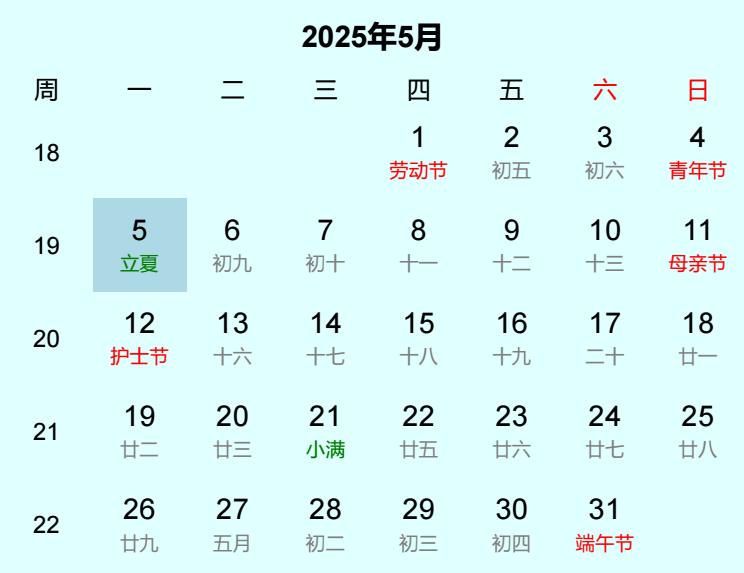 2025年立夏日历