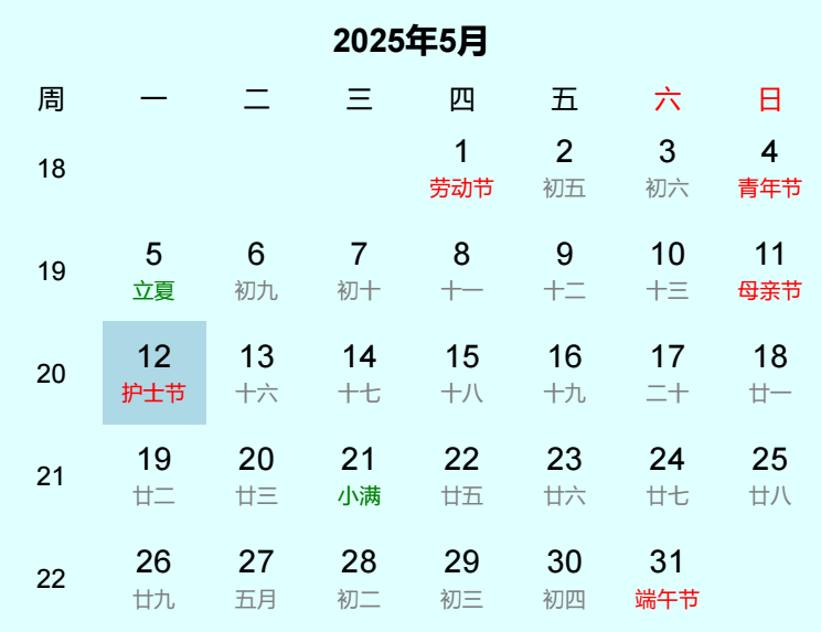 2025年护士节日历