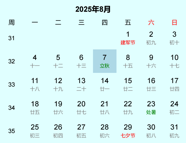 2025年立秋日历
