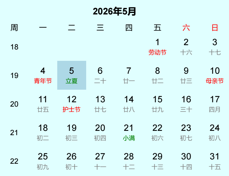 2026年立夏日历