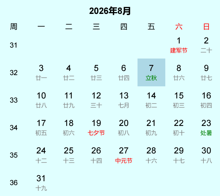 2026年立秋日历