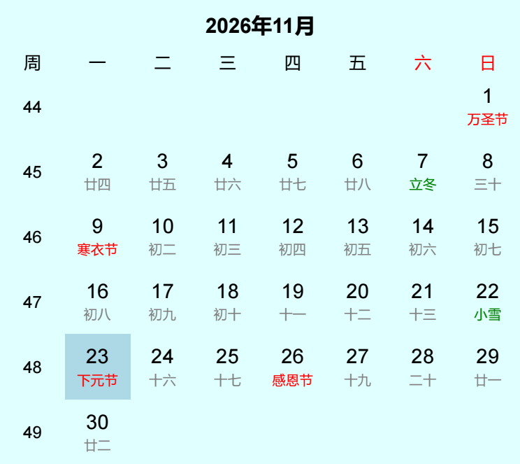 2026年下元节日历