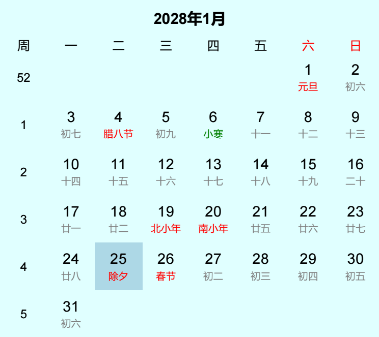2028年除夕日历