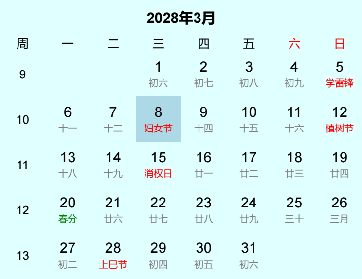 2028年妇女节日历