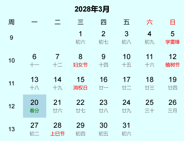 2028年春分日历