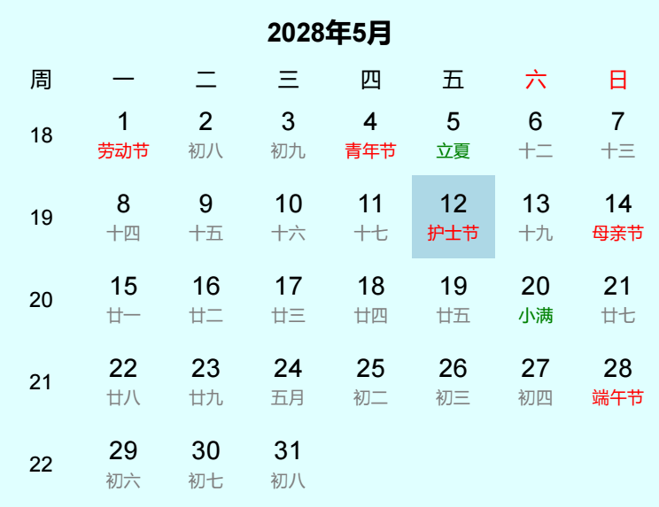 2028年护士节日历