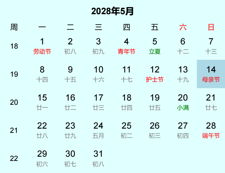 2028年母亲节日历