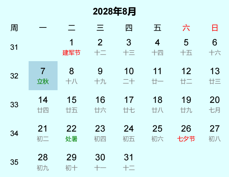 2028年立秋日历