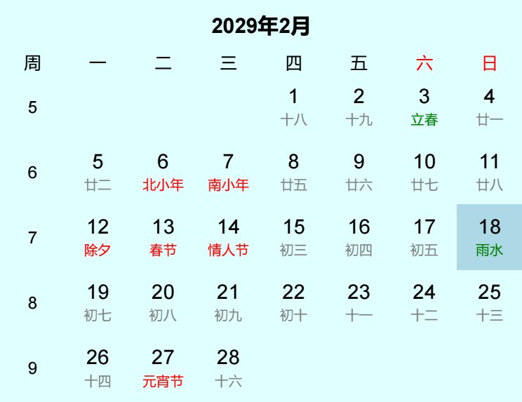 2029年雨水日历