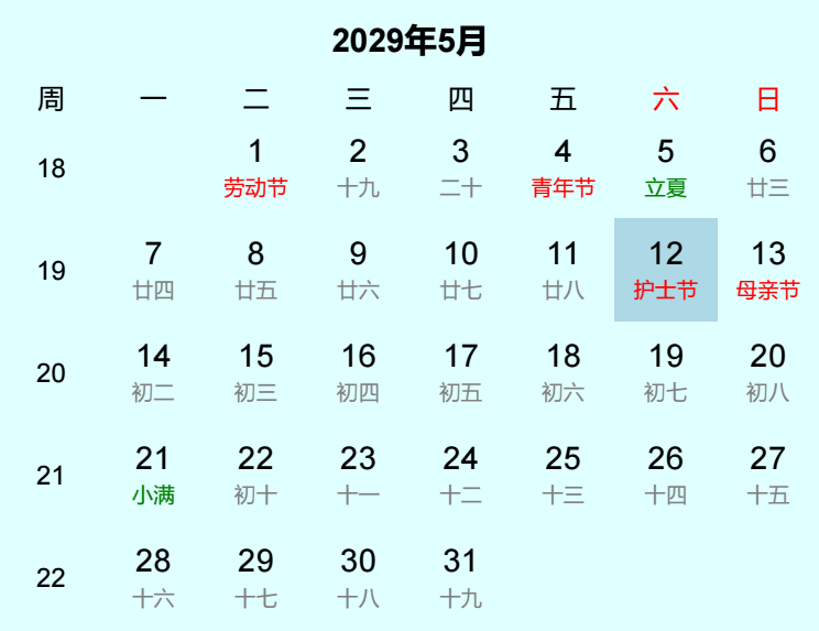 2029年护士节日历