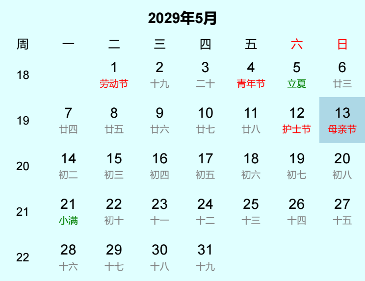 2029年母亲节日历