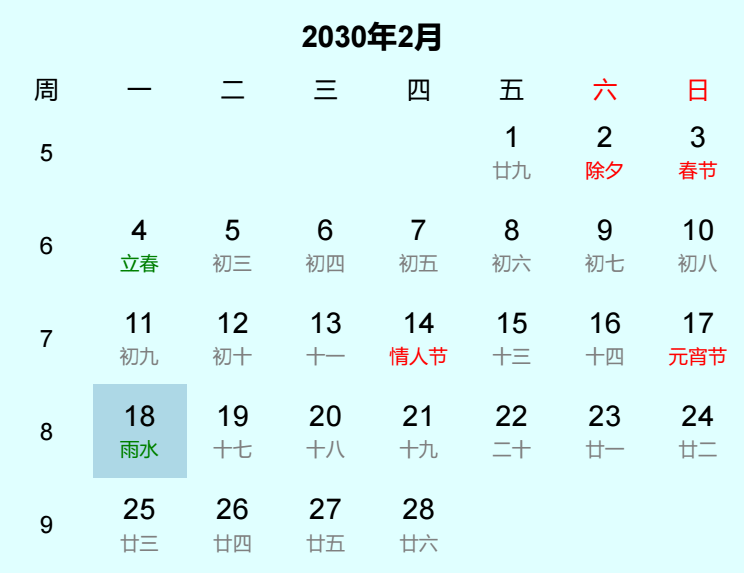 2030年雨水日历