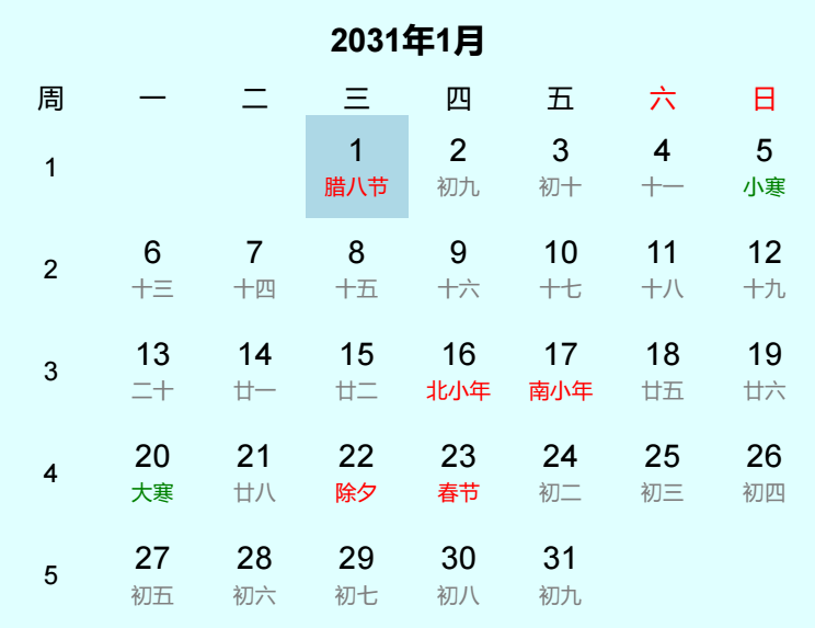 2031年腊八节日历