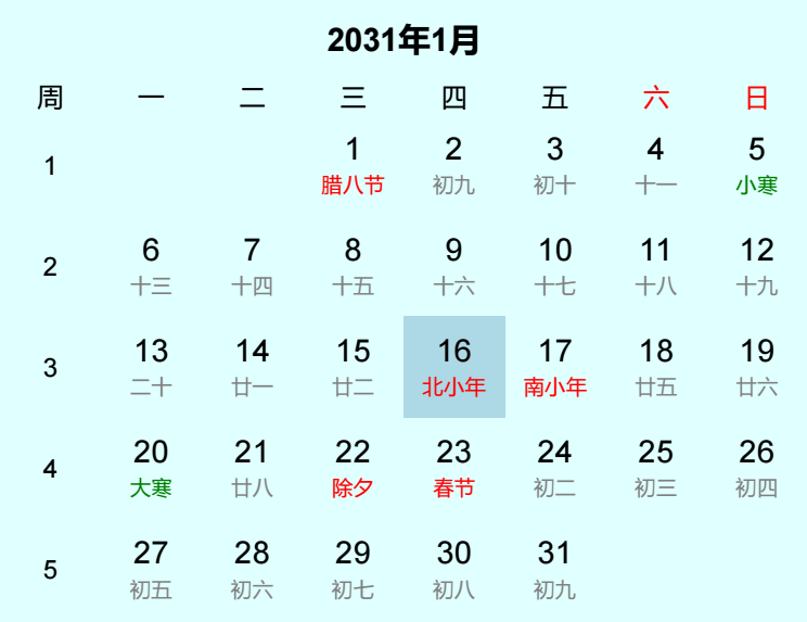 2031年北小年日历