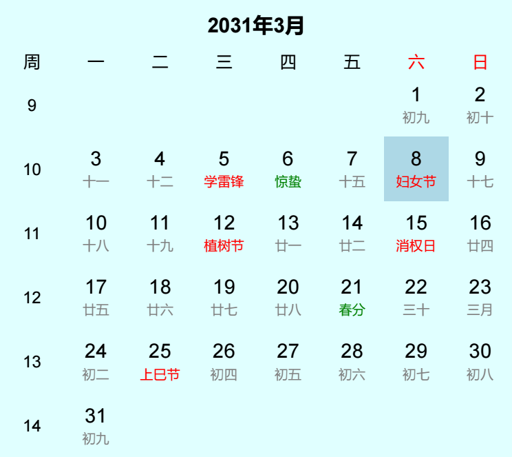 2031年妇女节日历