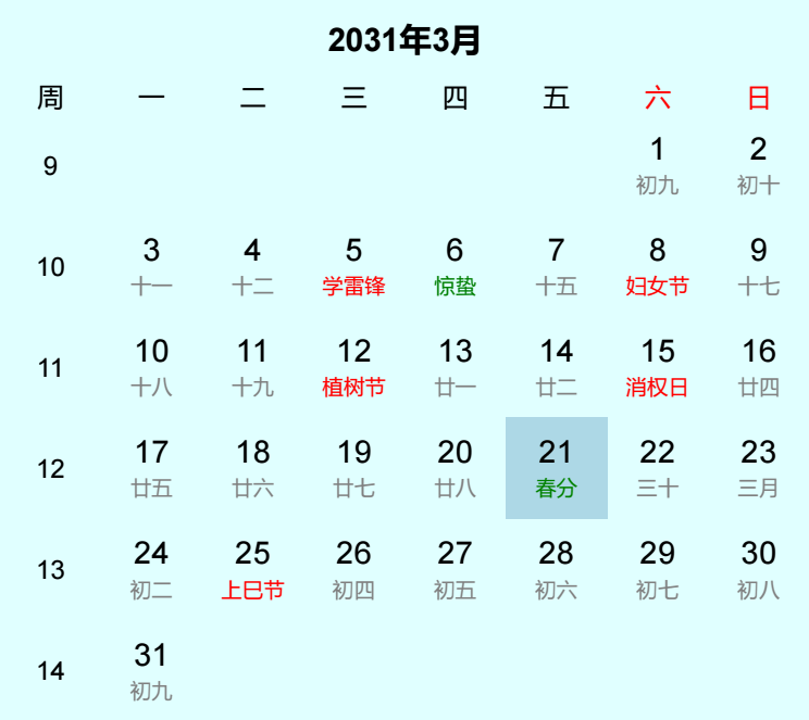 2031年春分日历
