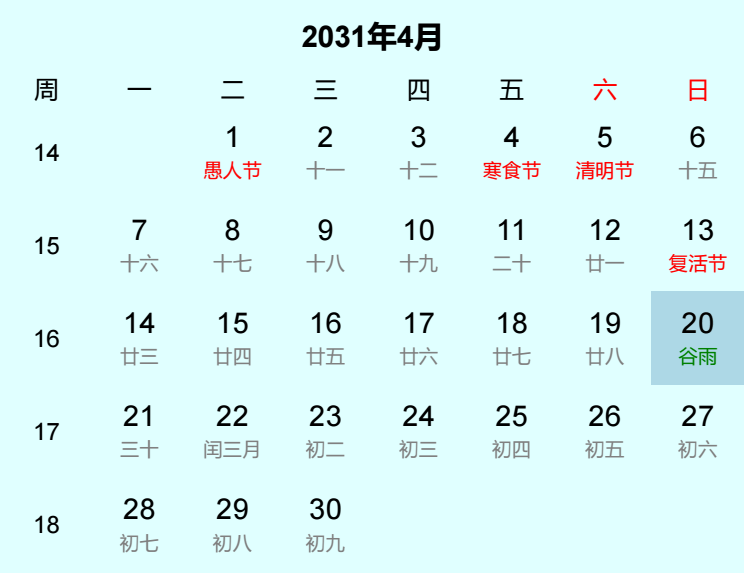 2031年谷雨日历