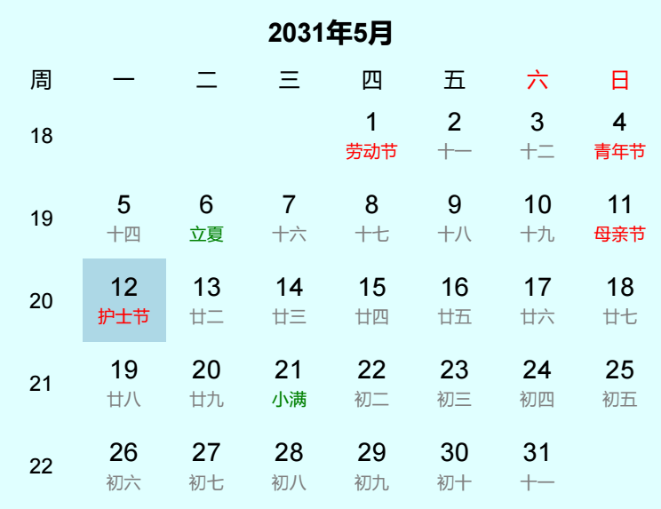 2031年护士节日历