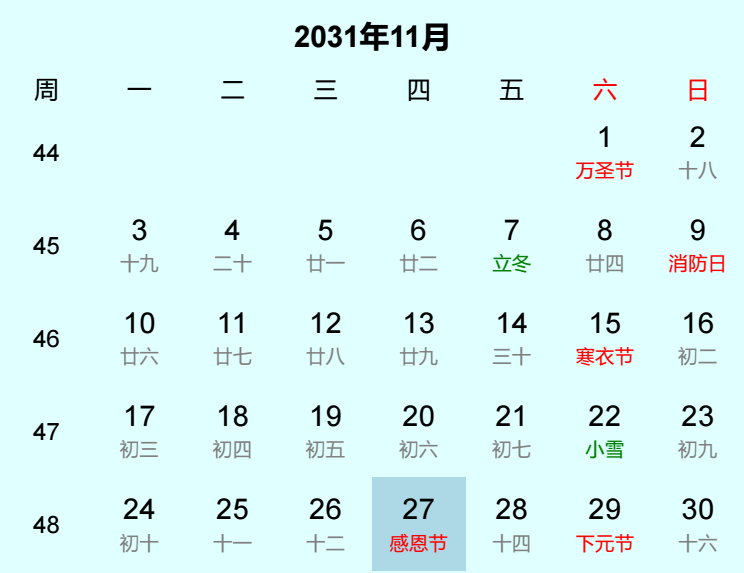 2031年感恩节日历