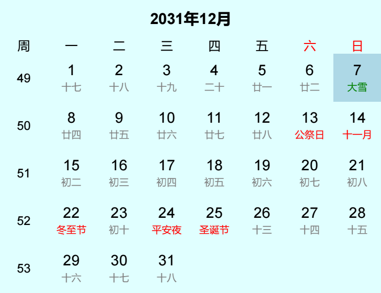 2031年大雪日历