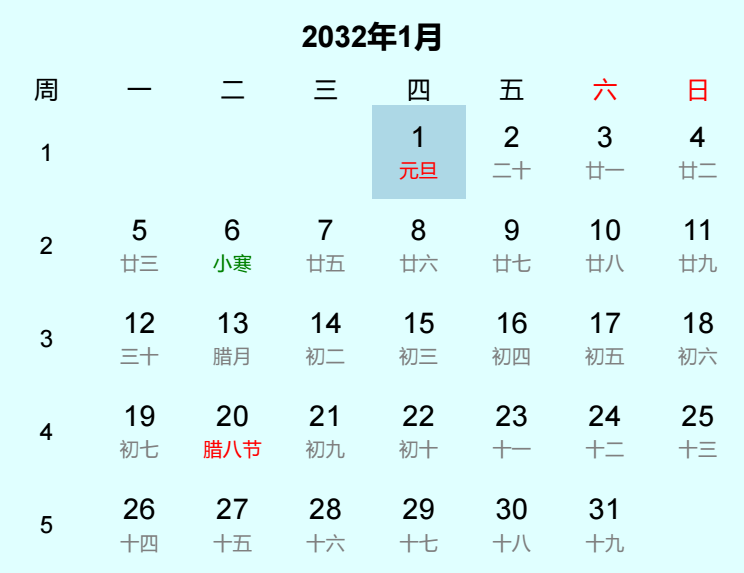 2032年元旦日历