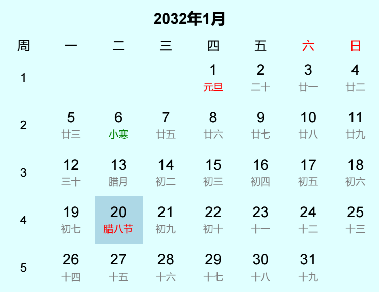 2032年腊八节日历