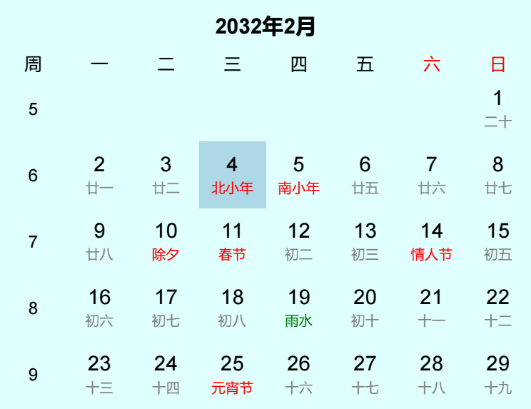2032年北小年日历