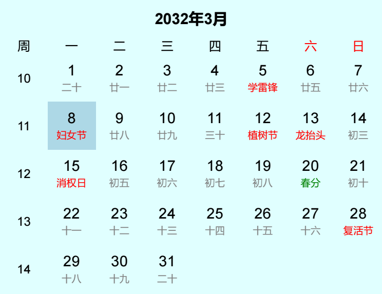2032年妇女节日历