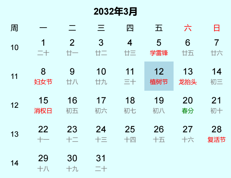 2032年植树节日历