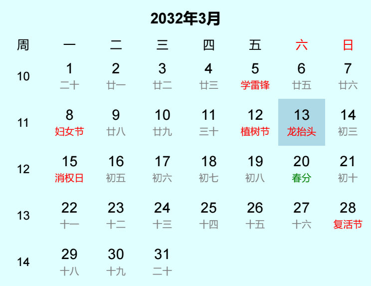 2032年龙抬头日历