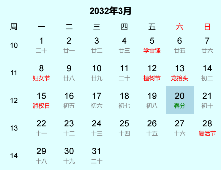 2032年春分日历