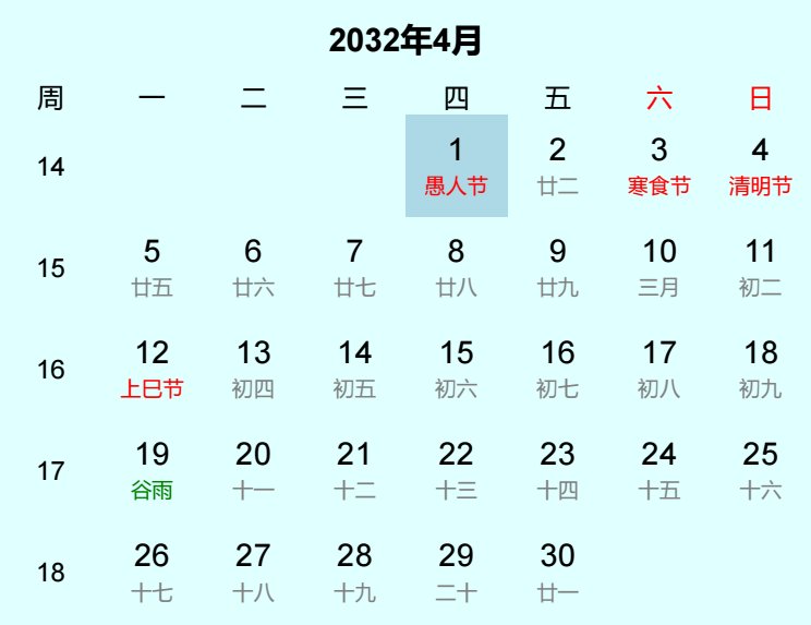 2032年愚人节日历