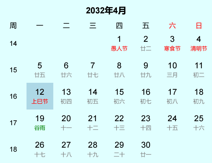 2032年上巳节日历