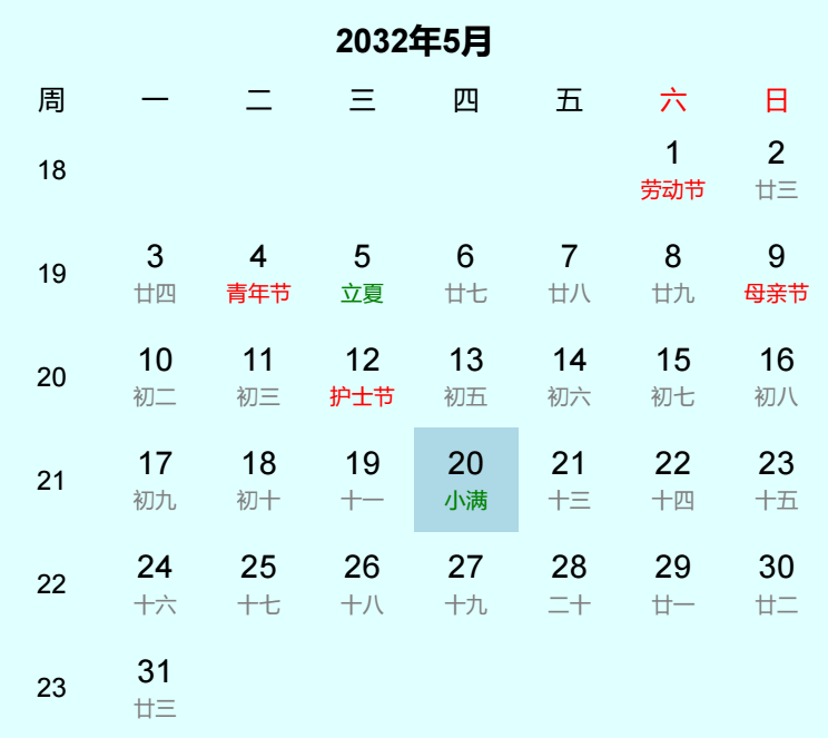 2032年小满日历