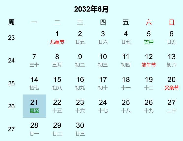 2032年夏至日历