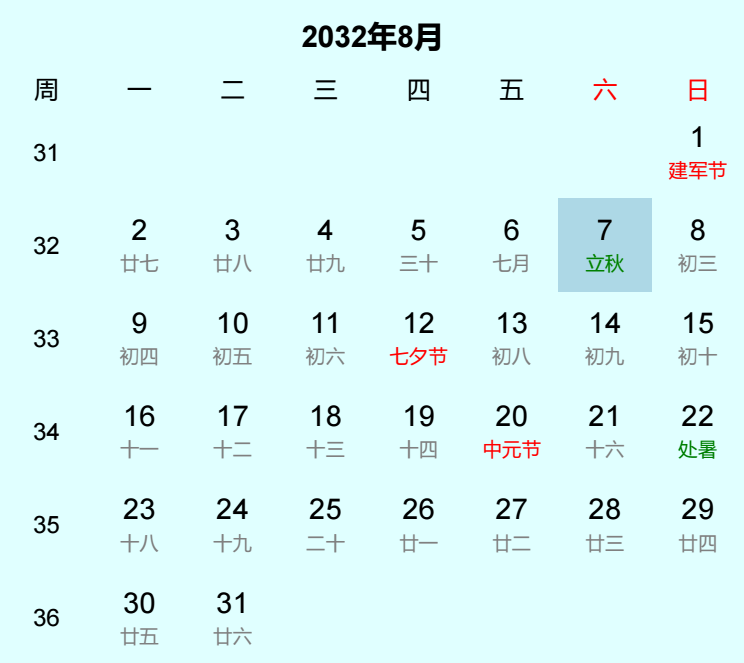 2032年立秋日历