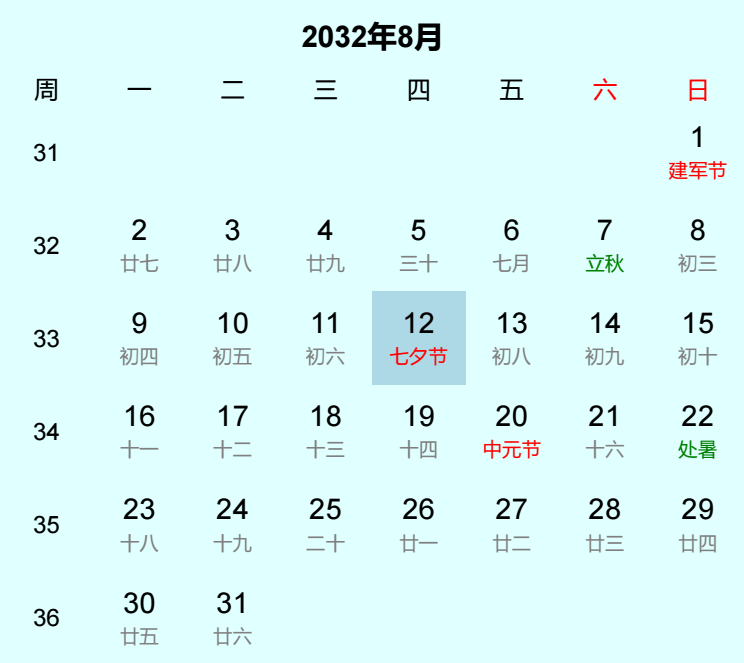 2032年七夕节日历