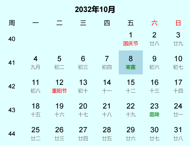 2032年寒露日历