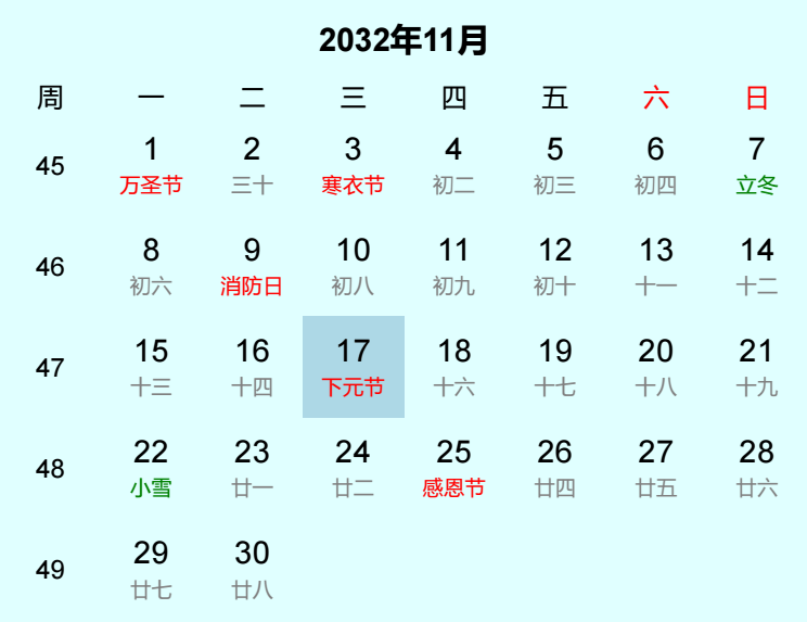 2032年下元节日历
