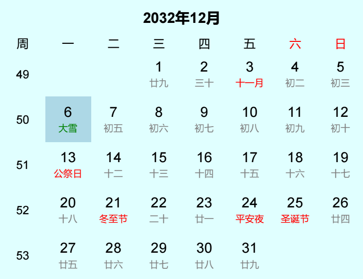 2032年大雪日历