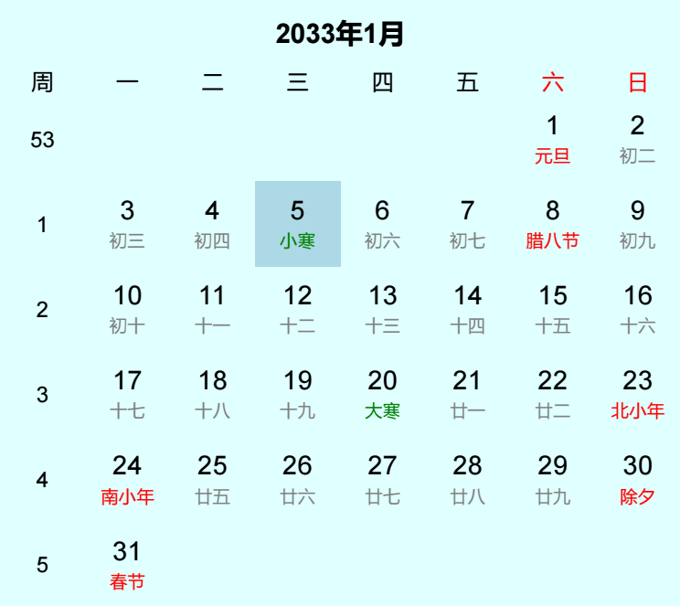 2033年小寒日历