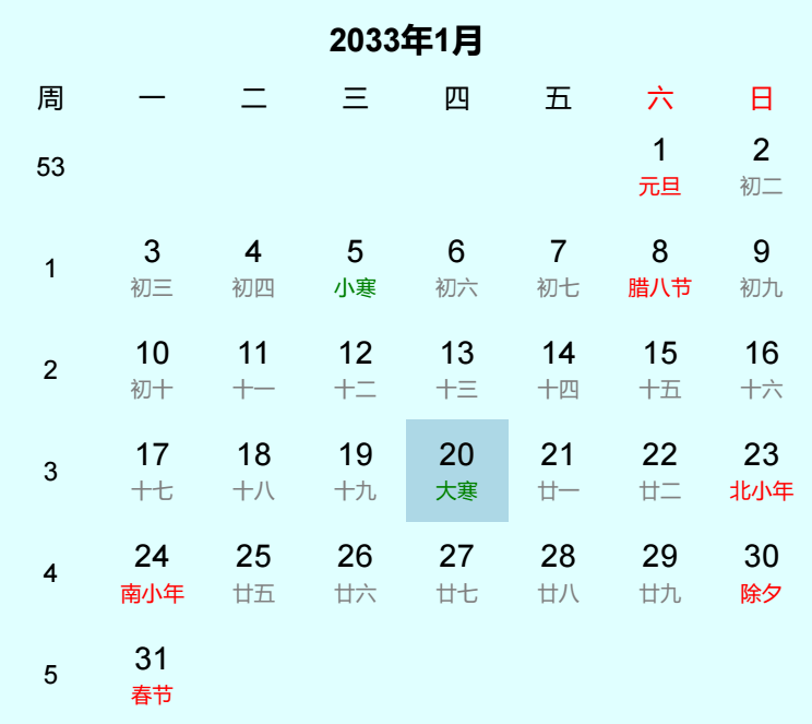2033年大寒日历