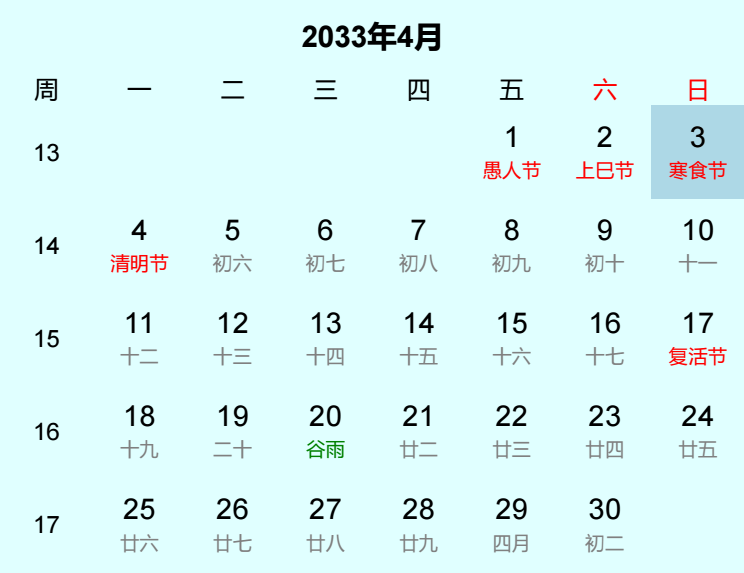 2033年寒食节日历