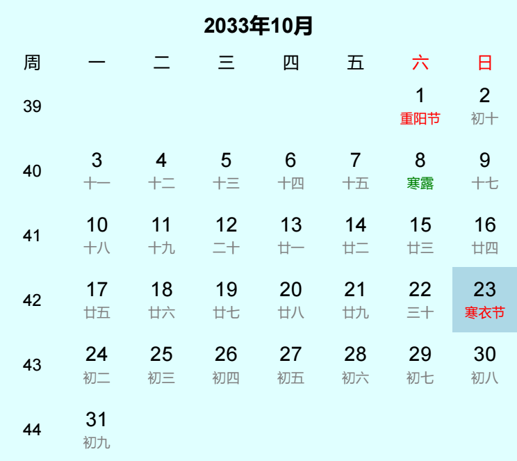 2033年寒衣节日历