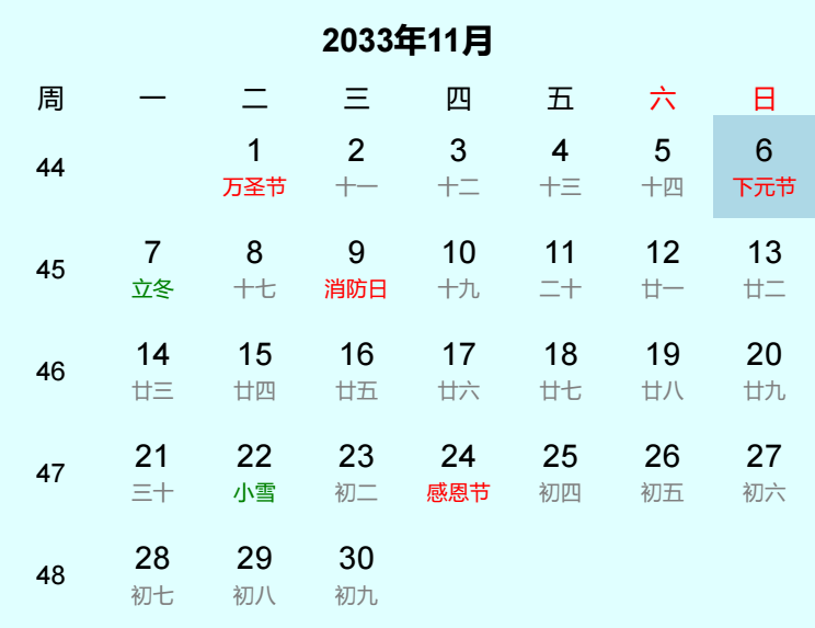 2033年下元节日历