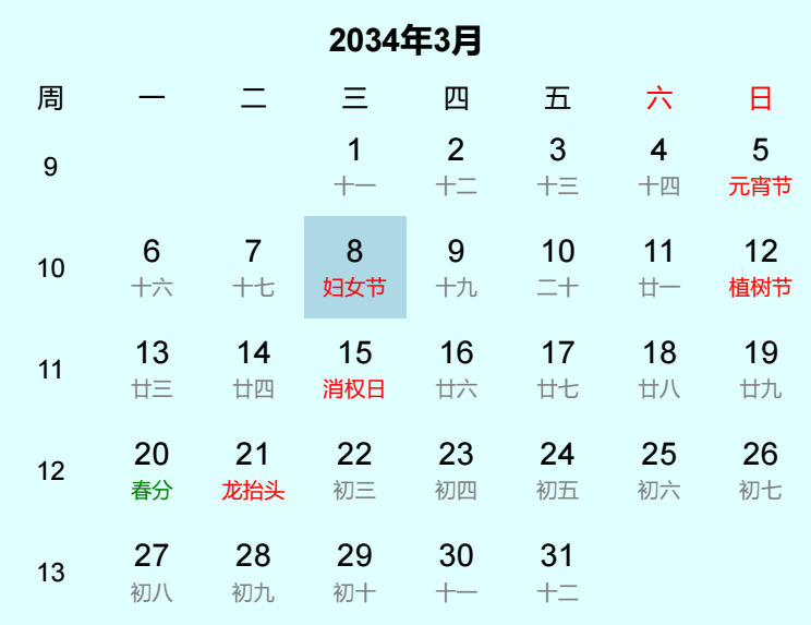 2034年妇女节日历