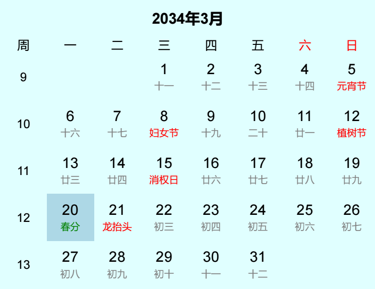 2034年春分日历