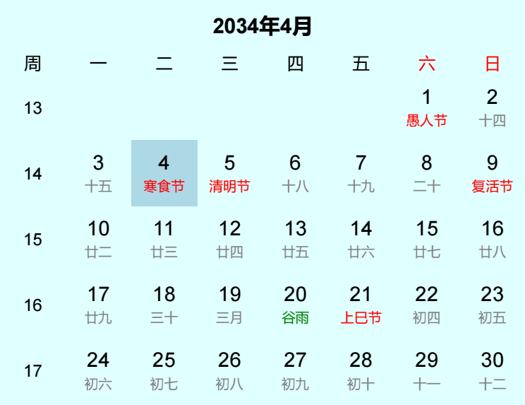 2034年寒食节日历